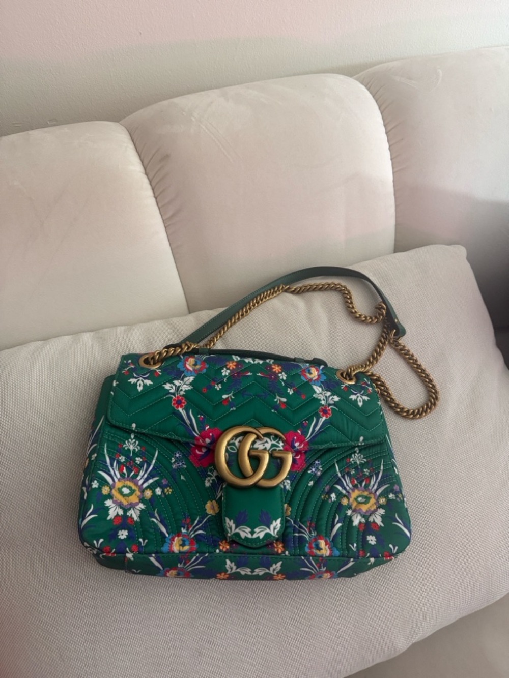 Gucci Green Floral GG Marmont Shoulder Bag